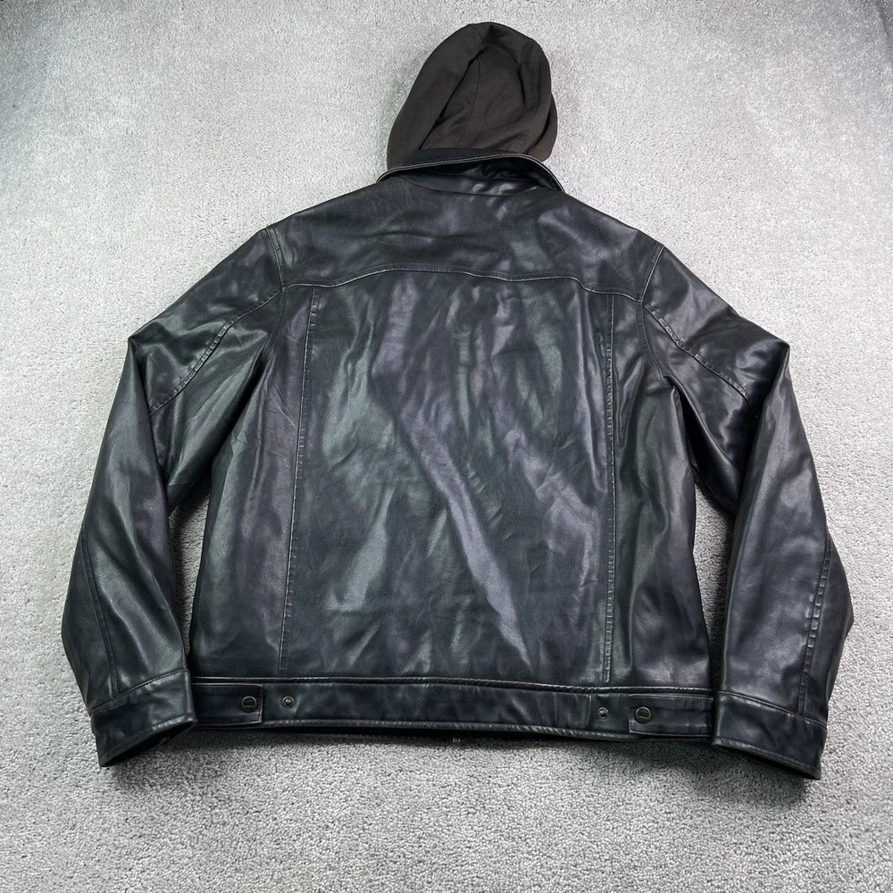 Levis Jacket Mens Large Brown Faux Leather Hooded Moto Biker‎ Quilted Lined Coat